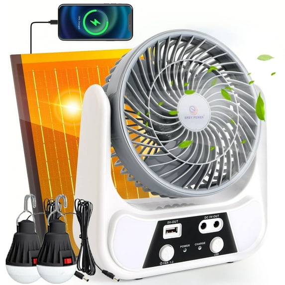 PUCACHI Cooling Solar Camping Fan with LED Lantern | 6-inch Portable, Dual Solar/USB-C Charging Battery Powered for Outdoors