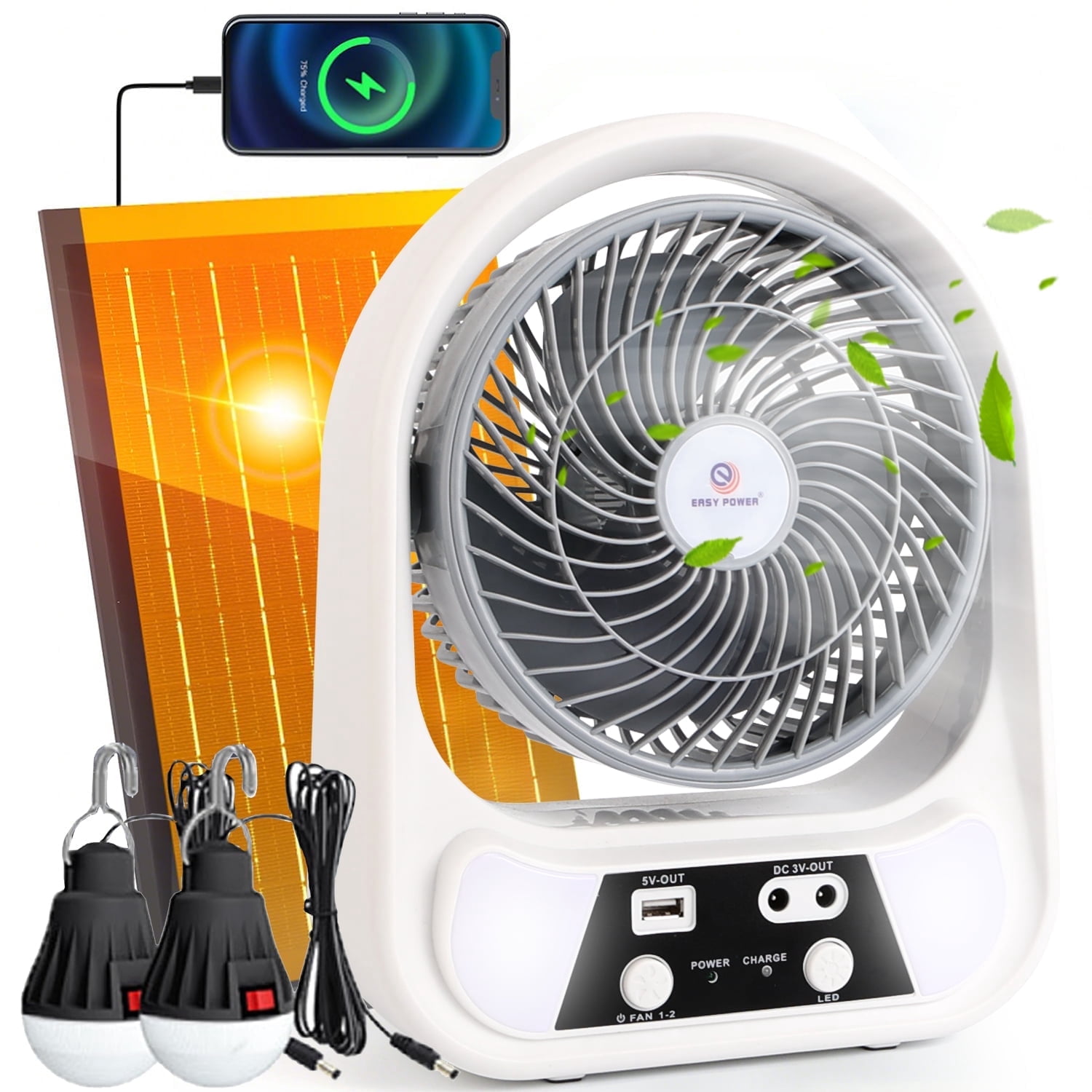 PUCACHI 8-inch Solar Camping Fan + LED Lantern - Solar/USB-C Dual Charging, Emergency Use