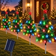PUCACHI Solar Christmas Tree Outdoor 4 Pack, 8 Modes Solar Xmas Tree Lights with 80 Strawberry Multicolor Lights, IP65 Waterproof, for Porch Pathway Yard Garden