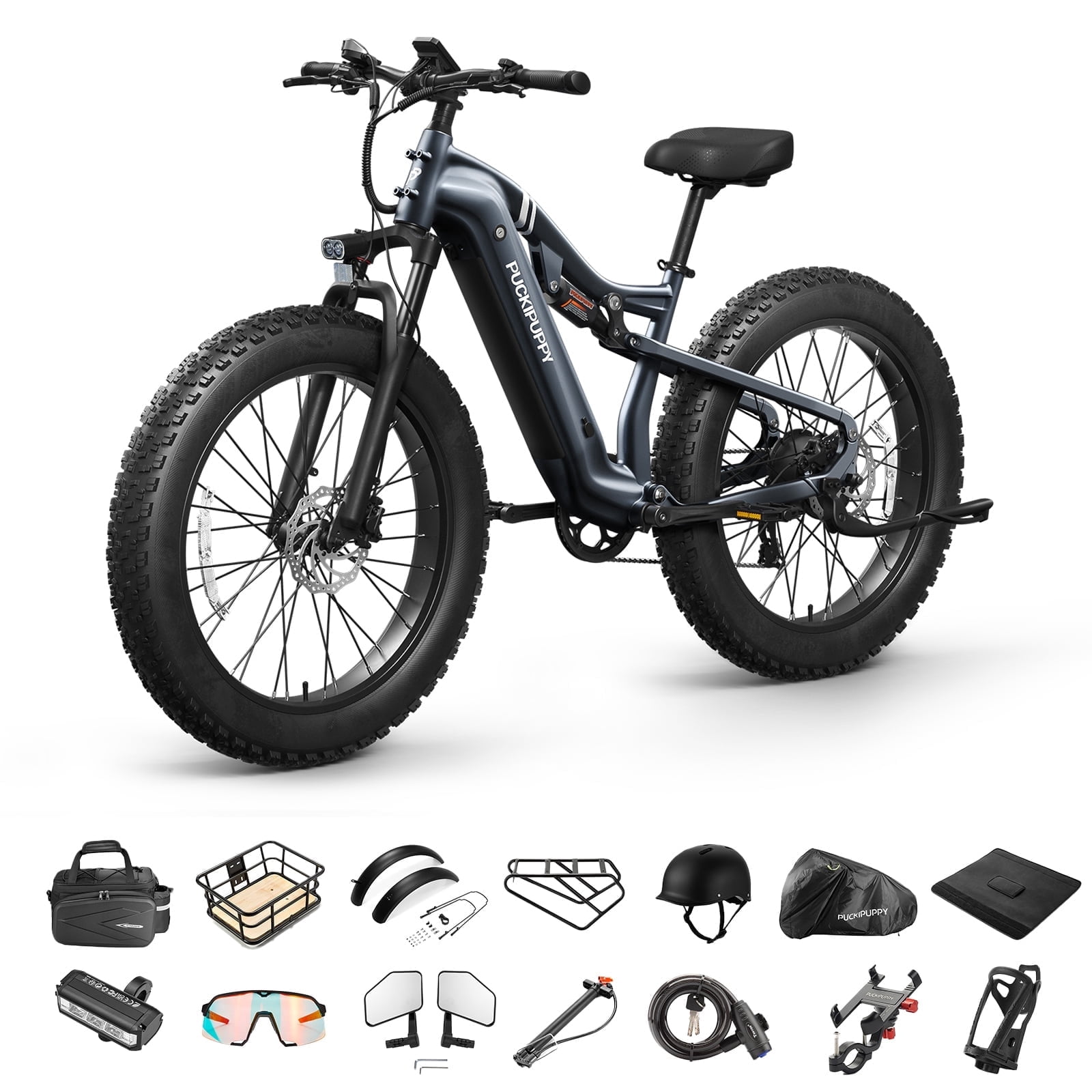 PUCKIPUPPY 26" Electric Bikes for Adults 28 mph Max Speed 1350W Peak up to 80Miles Range Fat Tire Full Suspension Ebikes 48V 20AH Battery 8 Speed off Road E-Mountain Bikes, Comply with UL2849 By SGS
