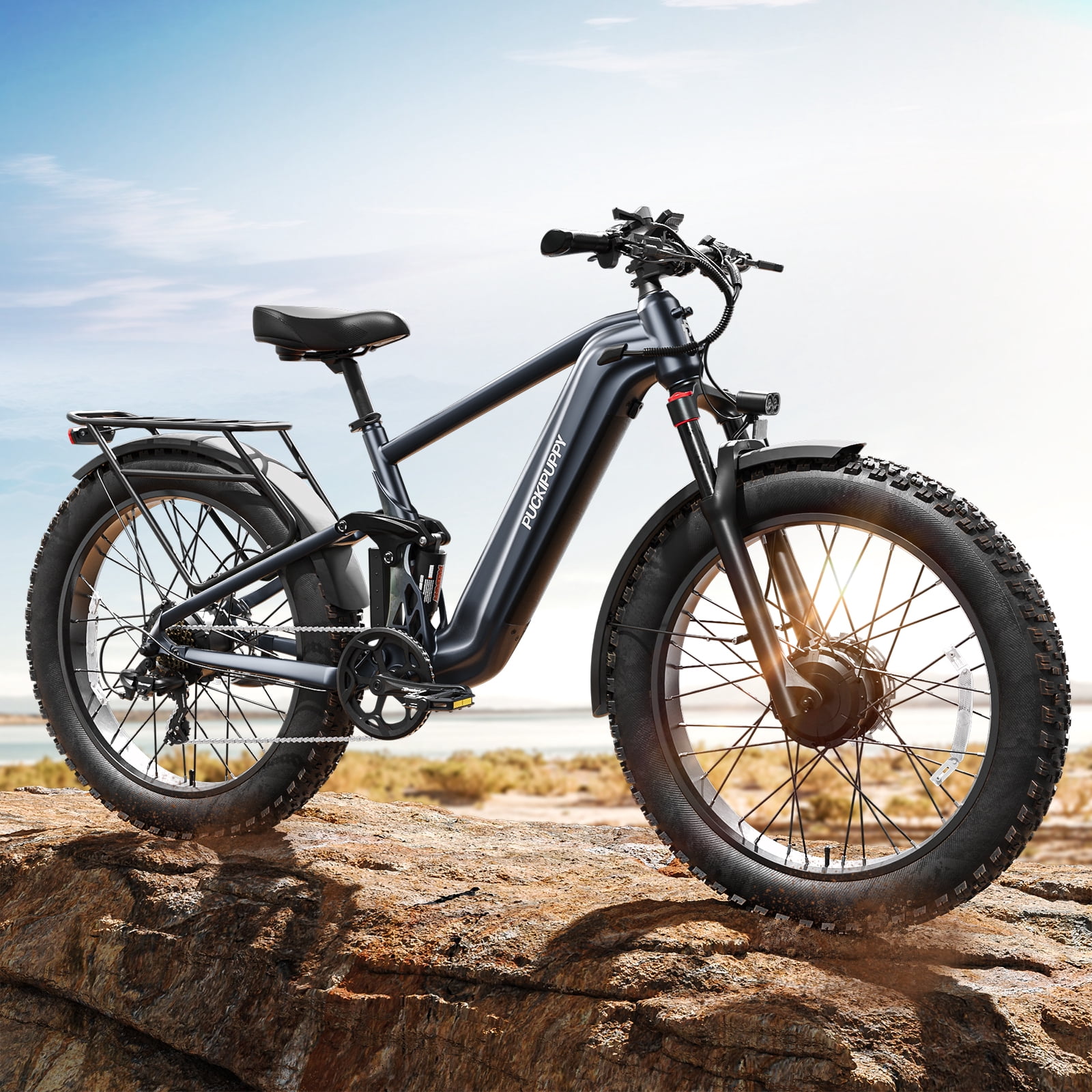 PUCKIPUPPY 1600W Electric Bike for Adults 28 mph Dual Motor E Bike 48V 20AH Battery up to 80Miles Range 26" Fat Tire off Road E-Mountain Bike Full Suspension & Hydraulic Disc Brakes, UL2849 by SGS