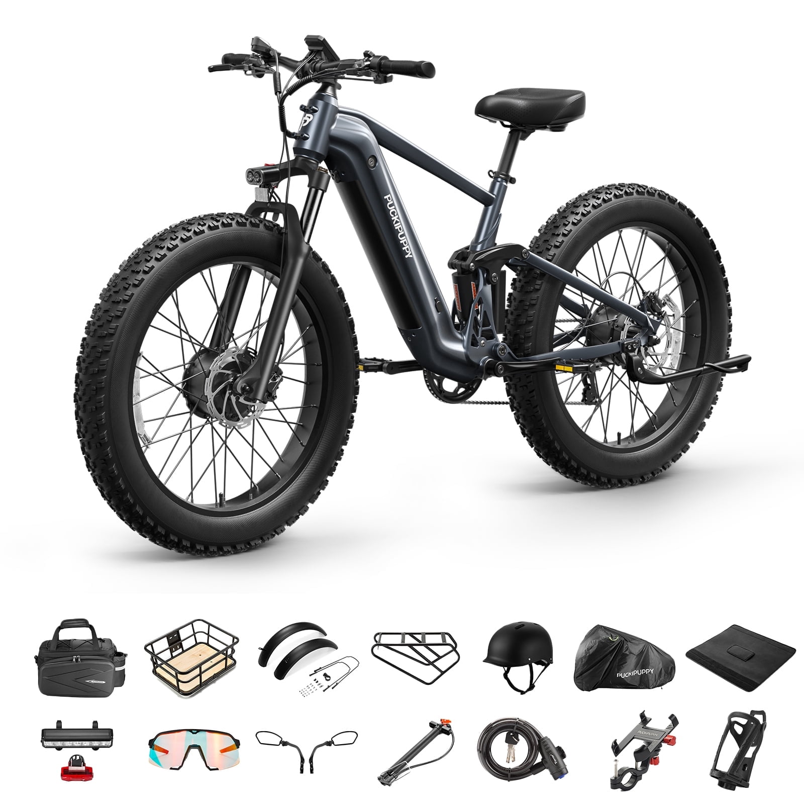PUCKIPUPPY Electric Bikes for Adults Dual Motor E Bike 28 mph 1600W Peak 80Miles Range 26" Fat Tire Ebike 48V 20AH Battery E-Bike Full Suspension E-Mountain Bikes 8 Speed, Comply with UL2849 by SGS