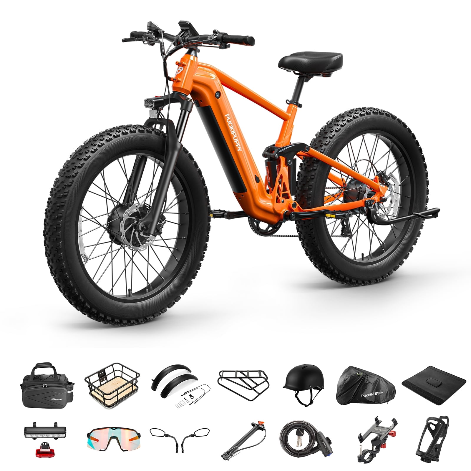 PUCKIPUPPY Electric Bikes for Adults Dual Motor E Bike 28 mph 1600W Peak 80Miles Range 26" Fat Tire Ebike 48V 20AH Battery E-Bike Full Suspension E-Mountain Bikes 8 Speed, Comply with UL2849 by SGS