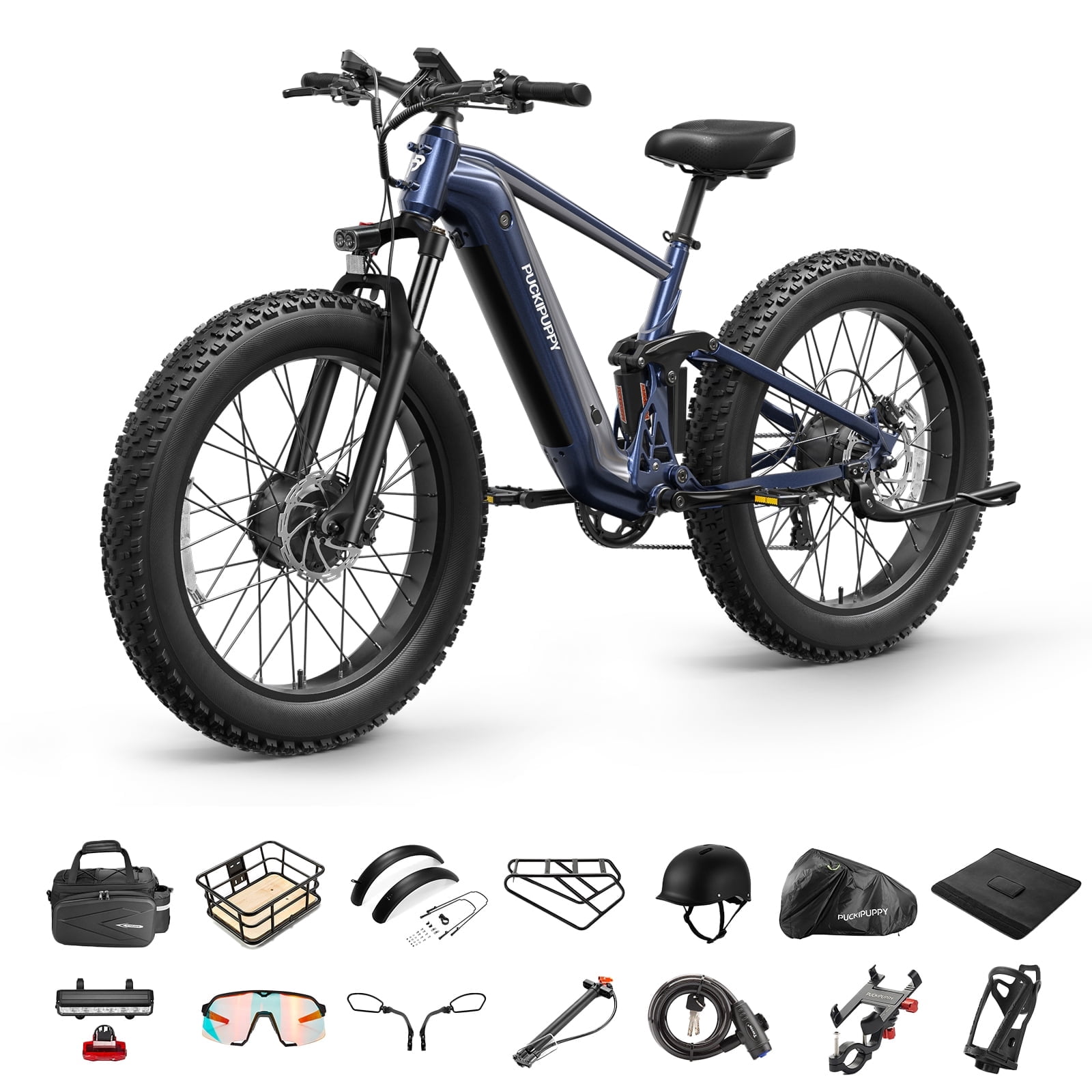 PUCKIPUPPY Electric Bikes for Adults Dual Motor E Bike 28 mph 1600W Peak 80Miles Range 26" Fat Tire Ebike 48V 20AH Battery E-Bike Full Suspension E-Mountain Bikes 8 Speed, Comply with UL2849 by SGS