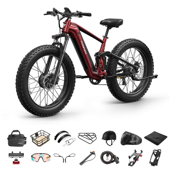 PUCKIPUPPY Electric Bikes for Adults Dual Motor E Bike 28 mph 1600W Peak 80Miles Range 26" Fat Tire Ebike 48V 20AH Battery E-Bike Full Suspension E-Mountain Bikes 8 Speed, Comply with UL2849 by SGS