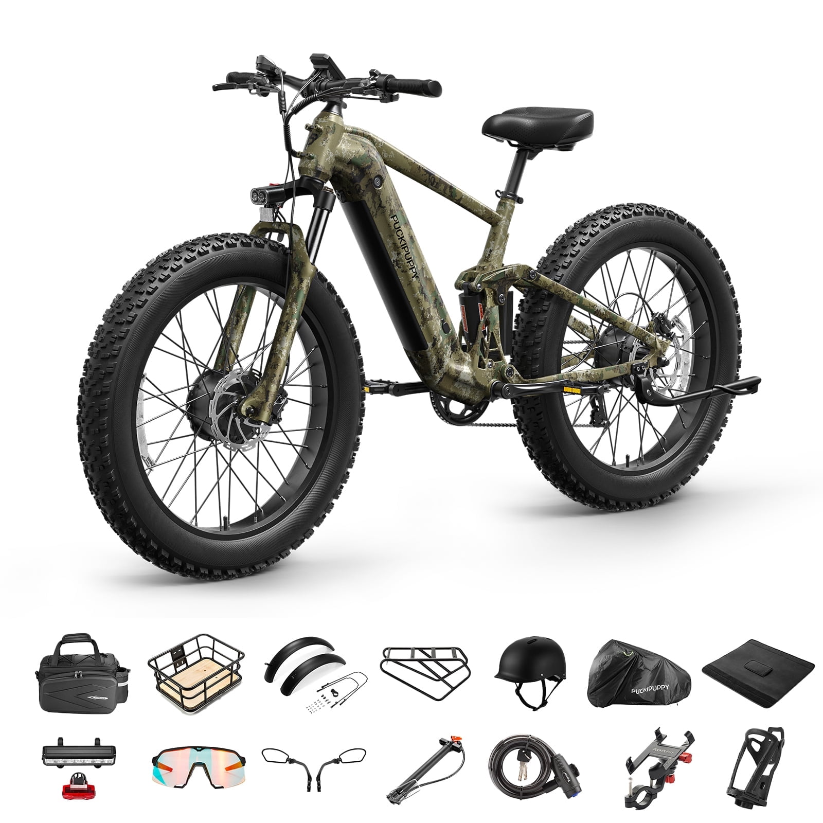 PUCKIPUPPY Electric Bikes for Adults Dual Motor E Bike 28 mph 1600W Peak 80Miles Range 26" Fat Tire Ebike 48V 20AH Battery E-Bike Full Suspension E-Mountain Bikes 8 Speed, Comply with UL2849 by SGS