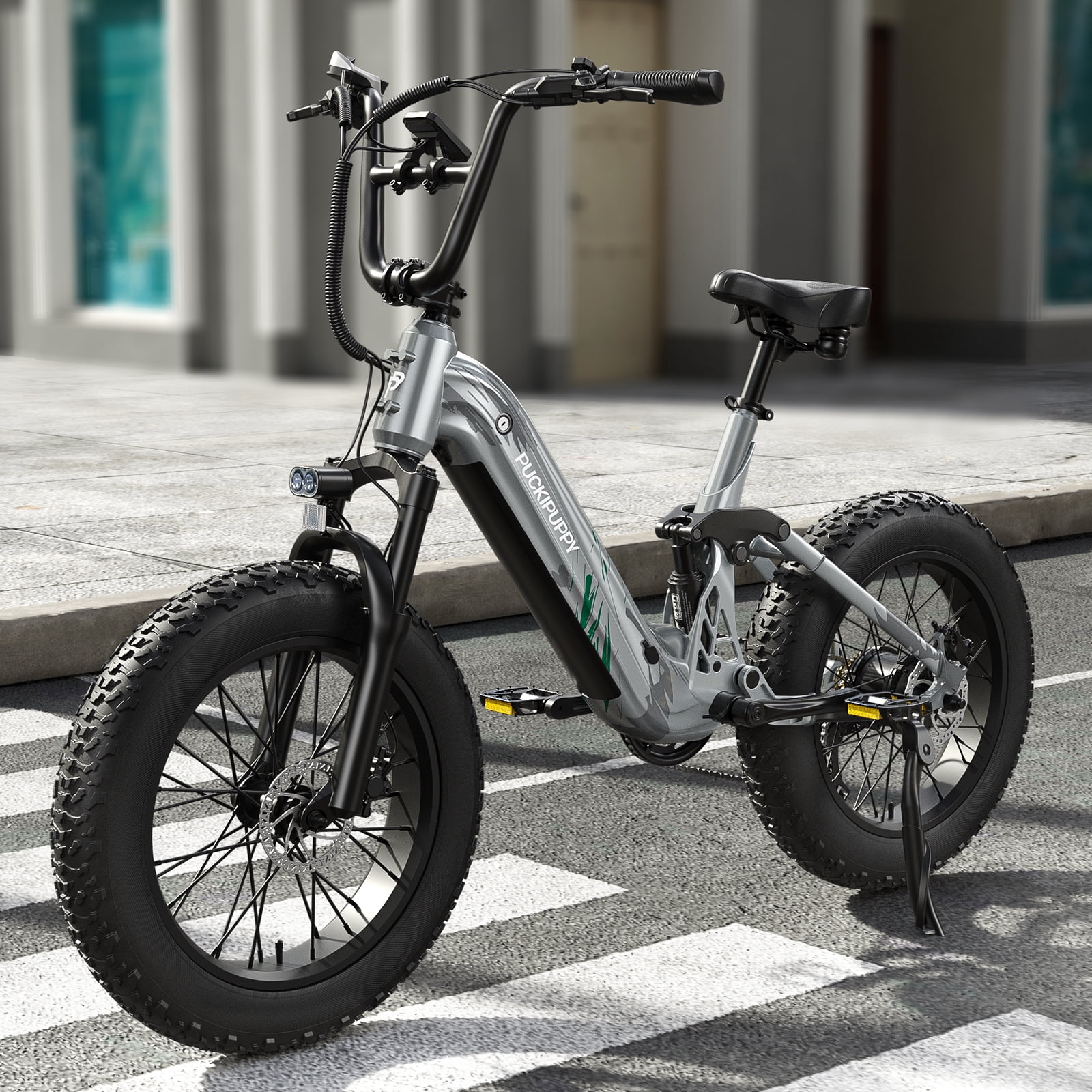 PUCKIPUPPY 20" Fat Tire Electric Bikes for Adults 960W Peak up to 80Miles Range 28 mph Top Speed Full Suspension E-Mountain Bike 48V 20AH Battery 7 Speed Ebike (Corgi), Comply with UL2849 By SGS