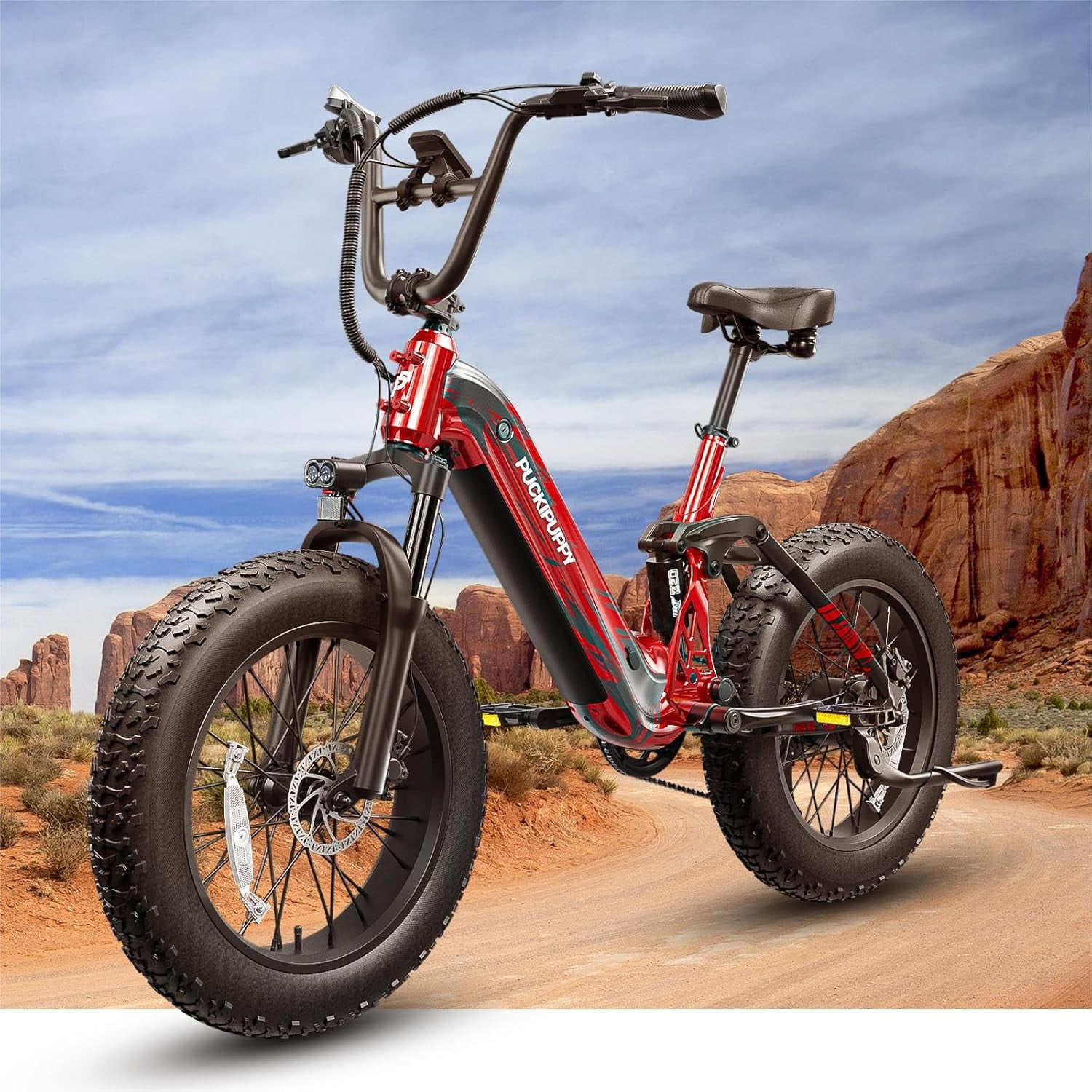 PUCKIPUPPY 20" Fat Tire Electric Bikes for Adults 960W Peak up to 80Miles Range 28 mph Top Speed Full Suspension E-Mountain Bike 48V 20AH Battery 7 Speed Ebike (Corgi), Comply with UL2849 By SGS