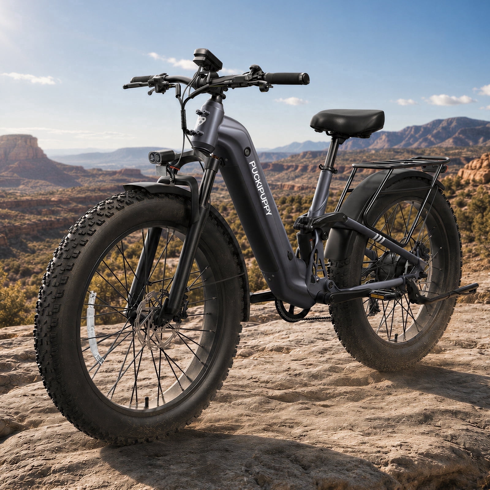 PUCKIPUPPY 26" Electric Bike for Adults 1350W Peak Step Through E-Bikes 48V 20AH Battery up to 80Miles Range Fat Tire off Road Ebike 28 mph Max Speed Full Suspension E Mountain Bike, UL2849 by SGS
