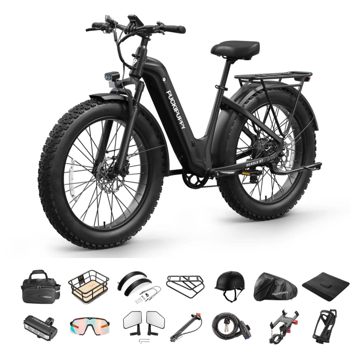 PUCKIPUPPY 26" Electric Bikes for Adults 28 mph Step Through E-Bikes 960W Peak 60Mile Max Range 48V 15AH Battery Fat Tire off Road Mountain E Bike Front Suspension (Black), Comply with UL2849 by SGS