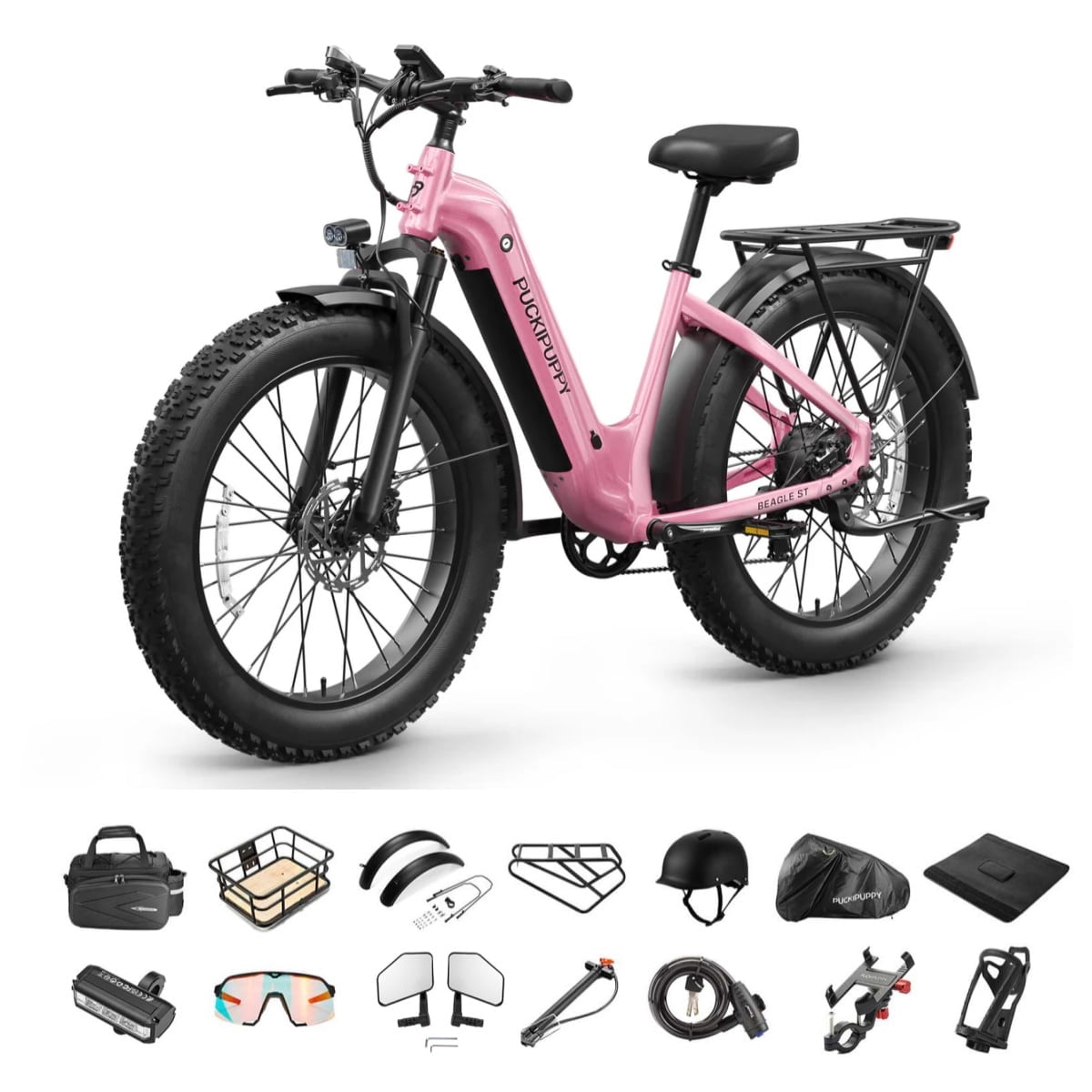 PUCKIPUPPY 26" Electric Bikes for Adults 28 mph Step Through E-Bikes 960W Peak 60Mile Max Range 48V 15AH Battery Fat Tire off Road Mountain E Bike Front Suspension (Pink), Comply with UL2849 by SGS