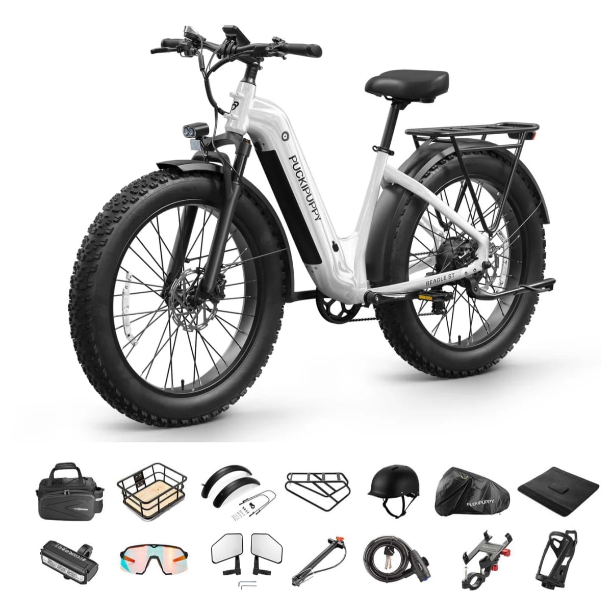 PUCKIPUPPY 26" Electric Bikes for Adults 28 mph Step Through E-Bikes 960W Peak 60Mile Max Range 48V 15AH Battery Fat Tire off Road Mountain E Bike Front Suspension (White), Comply with UL2849 by SGS