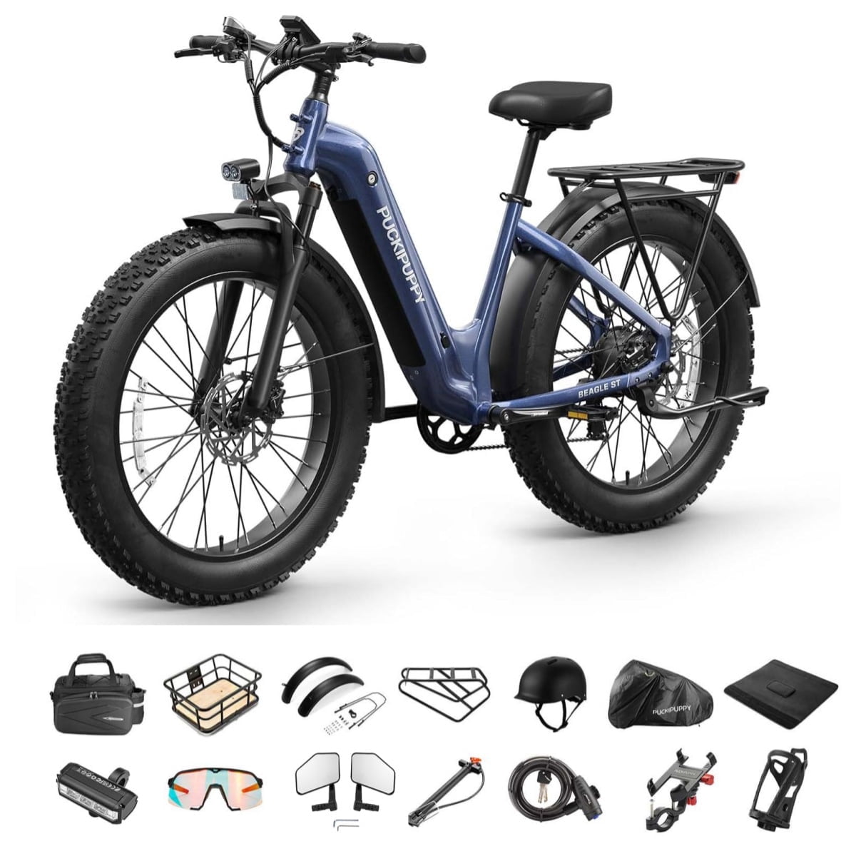 PUCKIPUPPY 26" Electric Bikes for Adults 28 mph Step Through E-Bikes 960W Peak 60Mile Max Range 48V 15AH Battery Fat Tire off Road Mountain E Bike Front Suspension (Blue), Comply with UL2849 by SGS