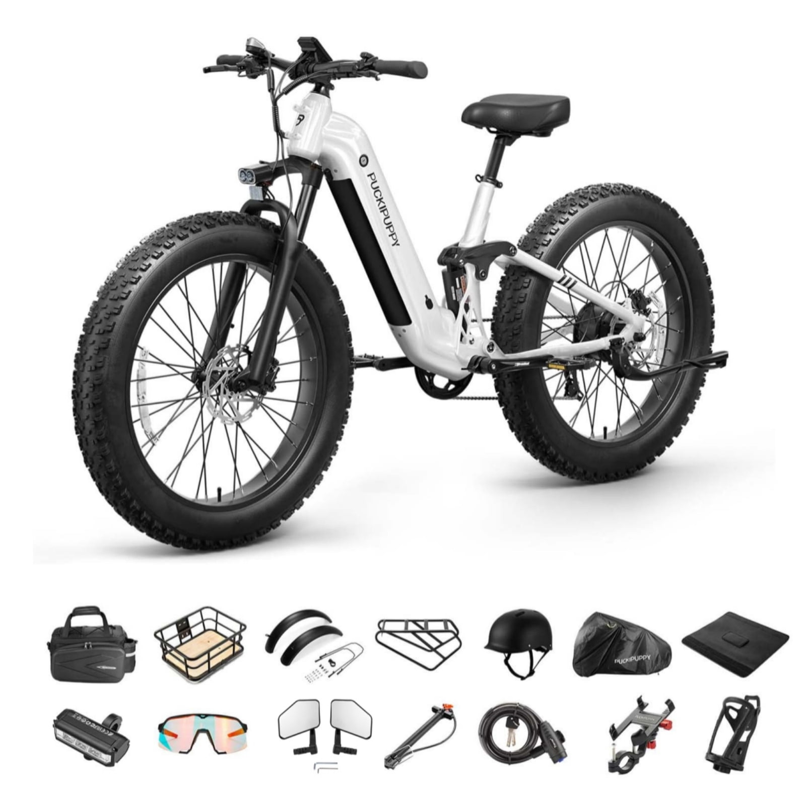 PUCKIPUPPY 26" Fat Tire Electric Bikes for Adults 28mph Top Speed 960W Peak 80Miles Max Range Full Suspension Step Through Ebike 48V 20AH Battery 7 Speed E-Mountain Bike, Comply with UL2849 By SGS