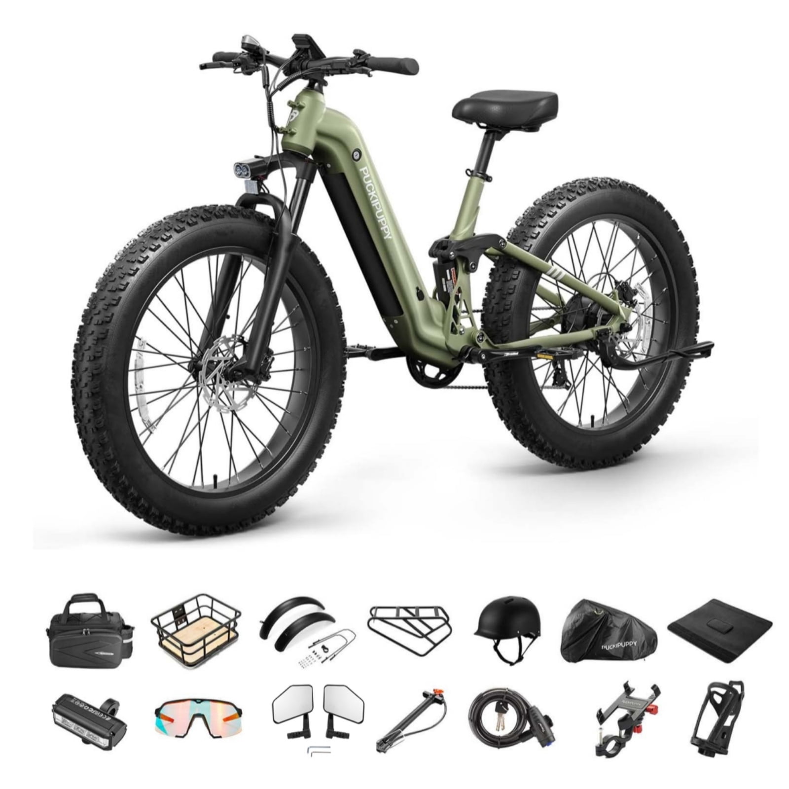 PUCKIPUPPY 26" Fat Tire Electric Bikes for Adults 28mph Top Speed 960W Peak 80Miles Max Range Full Suspension Step Through Ebike 48V 20AH Battery 7 Speed E-Mountain Bike, Comply with UL2849 By SGS