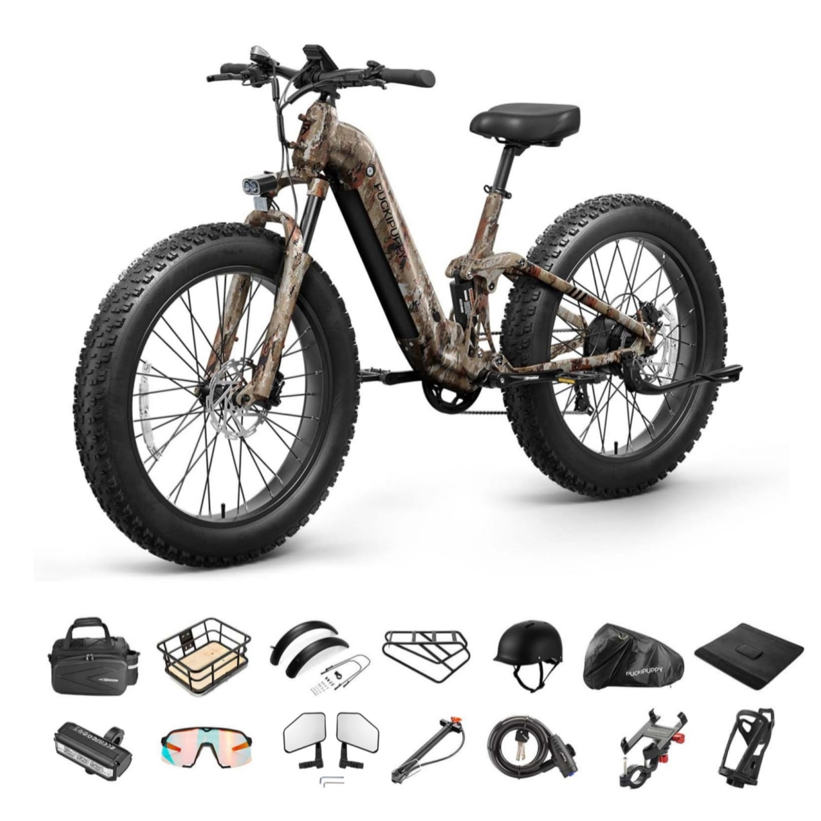 PUCKIPUPPY 26" Fat Tire Electric Bikes for Adults 28mph Top Speed 960W Peak 80Miles Max Range Full Suspension Step Through Ebike 48V 20AH Battery 7 Speed E-Mountain Bike, Comply with UL2849 By SGS