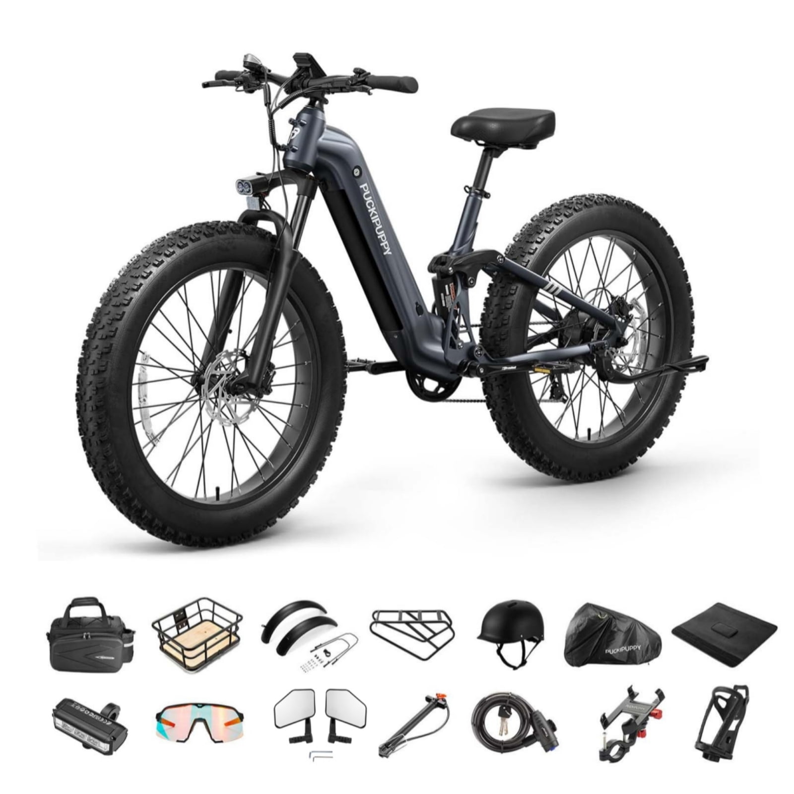 PUCKIPUPPY 26" Fat Tire Electric Bikes for Adults 28mph Top Speed 960W Peak 80Miles Max Range Full Suspension Step Through Ebike 48V 20AH Battery 7 Speed E-Mountain Bike, Comply with UL2849 By SGS