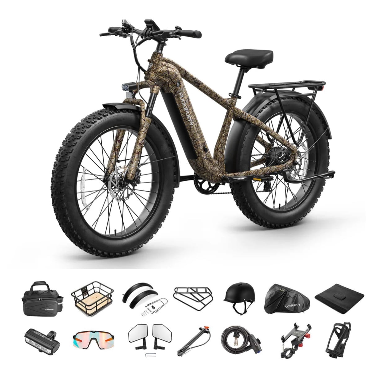 PUCKIPUPPY Electric Bikes for Adults 26" Fat Tire E Bike 28 mph up to 60Mile Range 960W Peak Ebike 48V 15AH Battery Front Suspension off Road Mountain E Bike (Camouflage), Comply with UL2849 by SGS