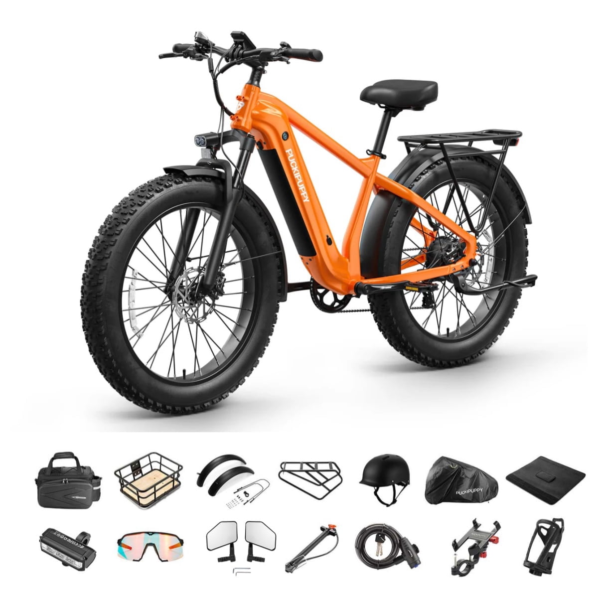 PUCKIPUPPY Electric Bikes for Adults 26" Fat Tire E Bike 28 mph up to 60 Miles Range 960W Peak Ebike 48V 15AH Battery Front Suspension off Road Mountain E Bike (Orange), Comply with UL2849 by SGS