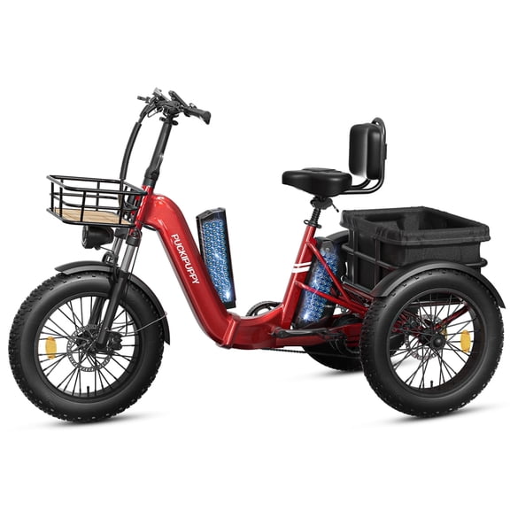 PUCKIPUPPY 20" Electric Tricycle for Adults 110Mile Range Dual Battery Electric Trike 960W Peak 20 mph Fat Tire E Trike 3 Wheel Ebike 48V 17.4AH+15AH Battery E-Mountain Bike,Comply with UL2849 by SGS