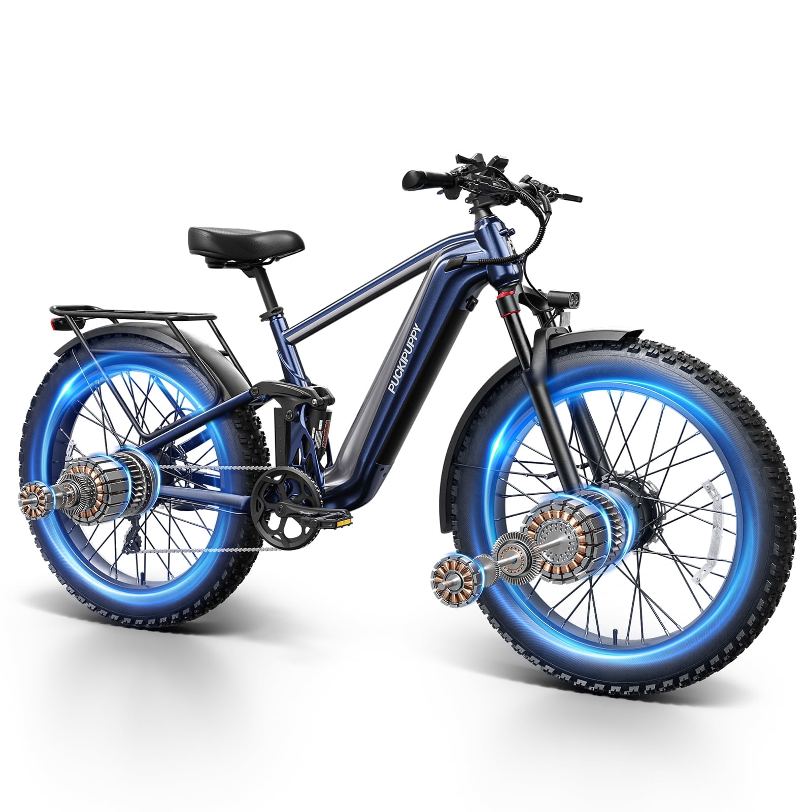 PUCKIPUPPY Dual Motor Electric Bike for Adults 1600W Peak up to 80Miles Range 28mph Max Speed 26" Fat Tire Full Suspension E-Mountain Bike 48V 20AH Battery 8 Speed Ebike, Comply with UL2849 By SGS