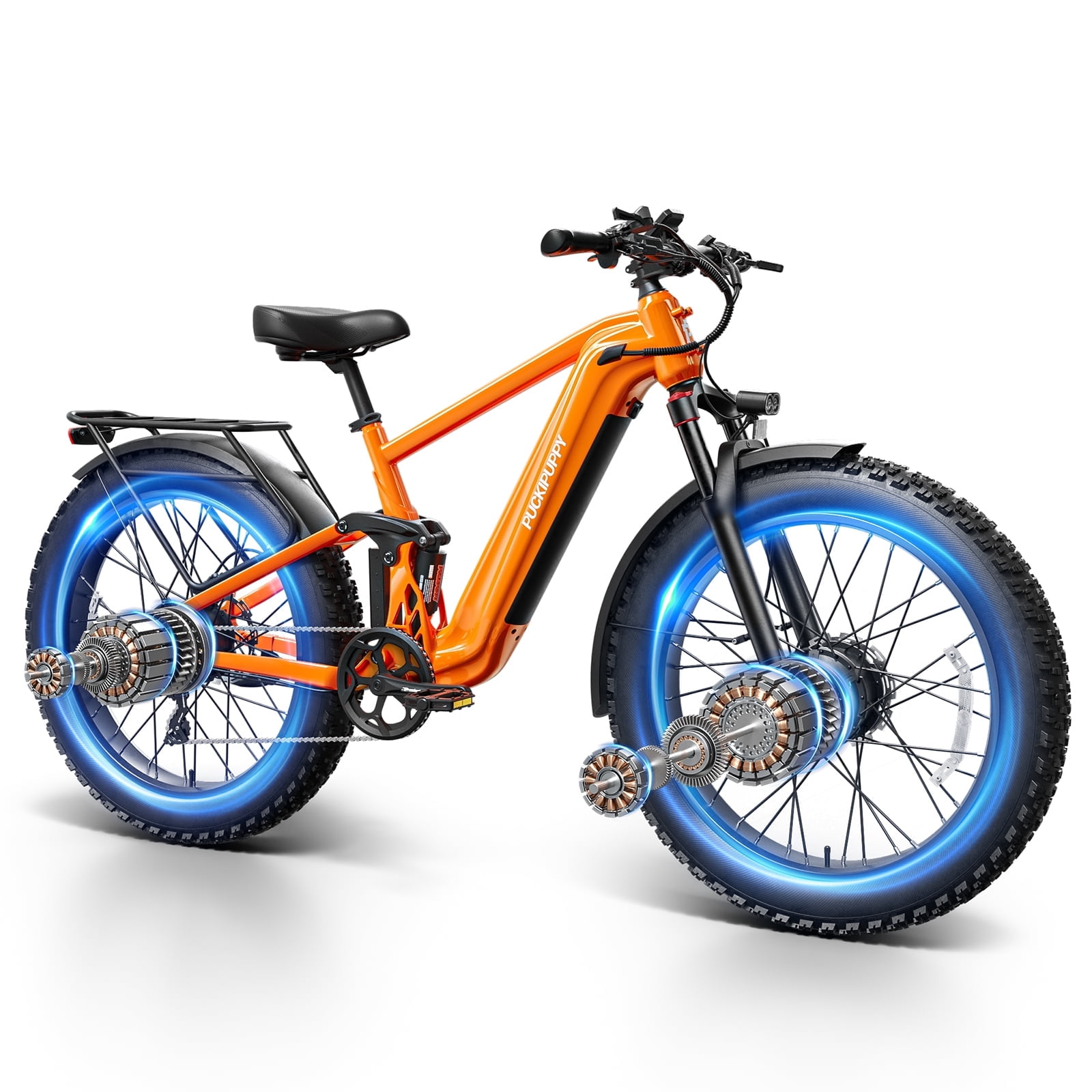 PUCKIPUPPY Dual Motor Electric Bike for Adults 1600W Peak up to 80Miles Range 28mph Max Speed 26" Fat Tire Full Suspension E-Mountain Bike 48V 20AH Battery 8 Speed Ebike, Comply with UL2849 By SGS