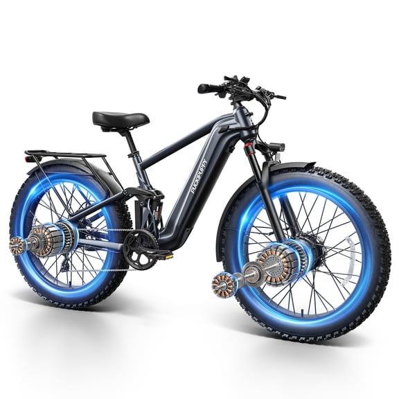PUCKIPUPPY Dual Motor Electric Bike for Adults 1600W Peak up to 80Miles Range 28mph Max Speed 26" Fat Tire Full Suspension E-Mountain Bike 48V 20AH Battery 8 Speed Ebike, Comply with UL2849 By SGS