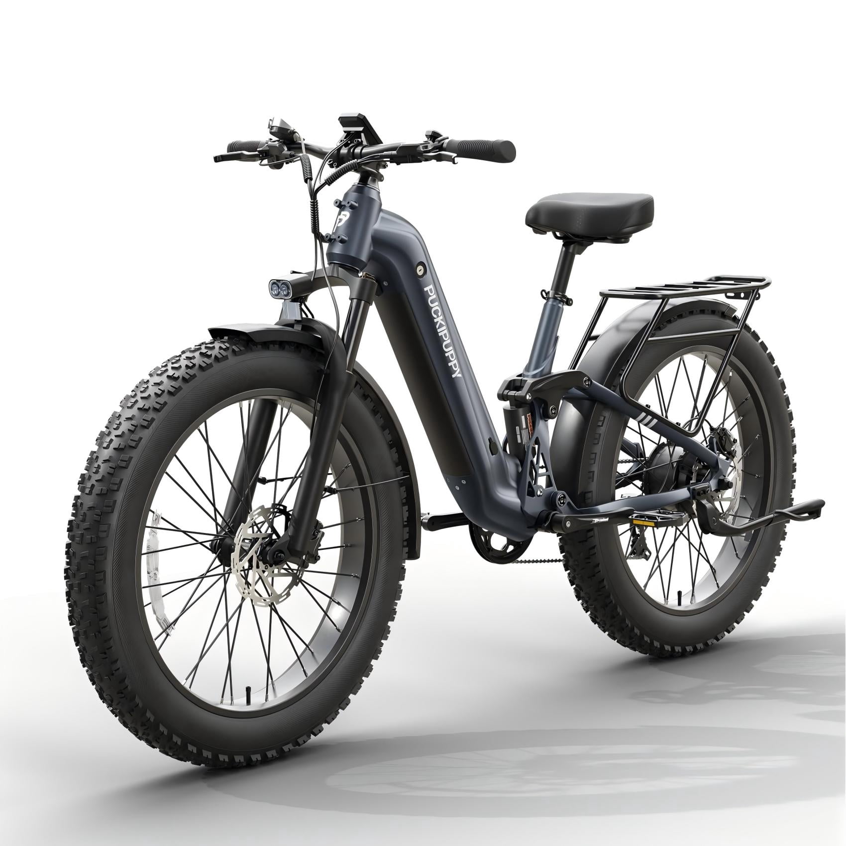 PUCKIPUPPY Electric Bikes for Adults 26" Step-Thru Ebikes 960W Peak Motor 80Miles Range 28mph Max Speed 48V 20AH Battery Full Suspension Fat Tire Mountain E Bike 7 Speed, Comply with UL2849 By SGS