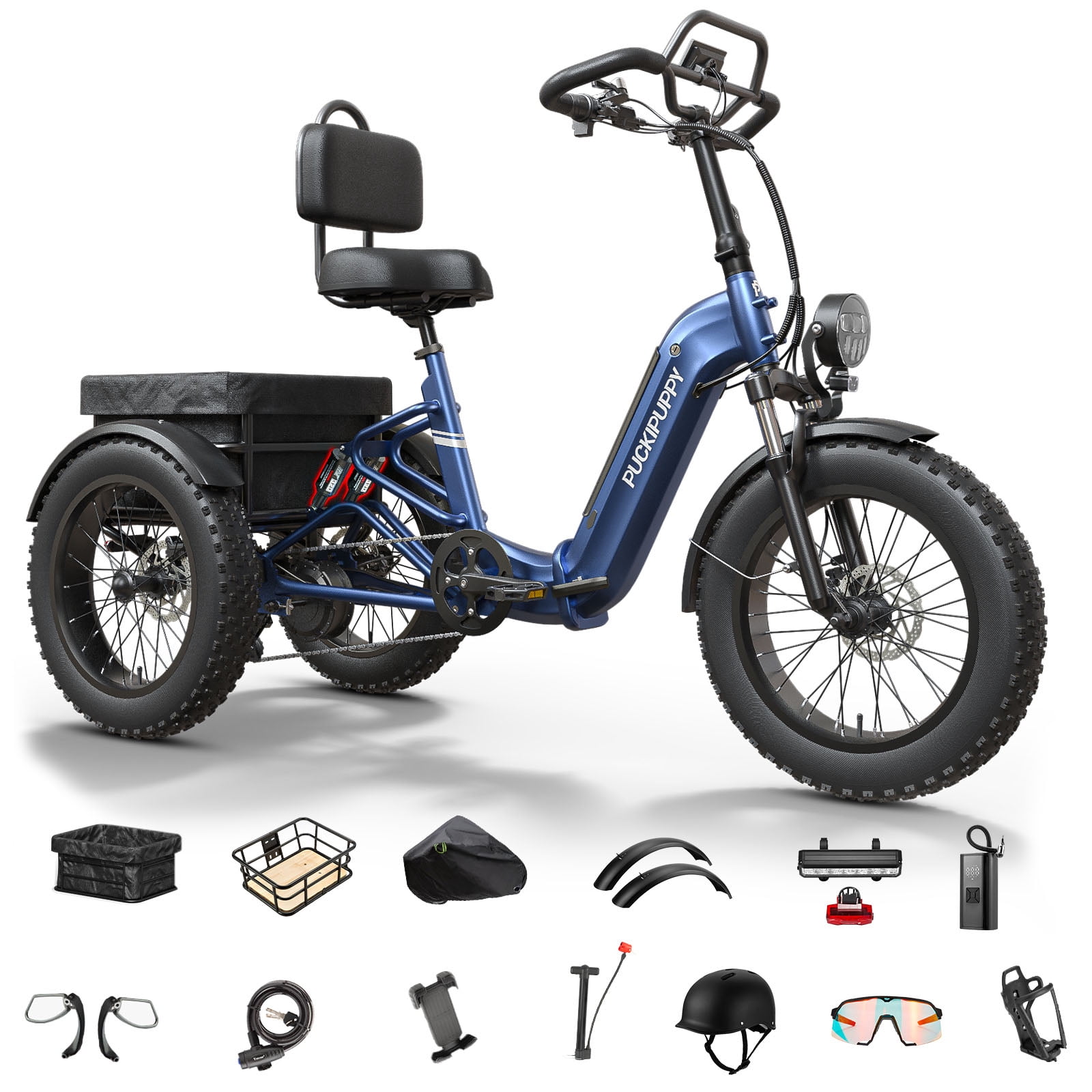 PUCKIPUPPY Electric Tricycle for Adults Full Suspension & Reverse Gear 960W Peak 55Miles Range 20" Fat Tire Electric Trike 15mph Max Speed E-Mountain Bikes 48V 15AH Battery, Comply with UL2849 By SGS