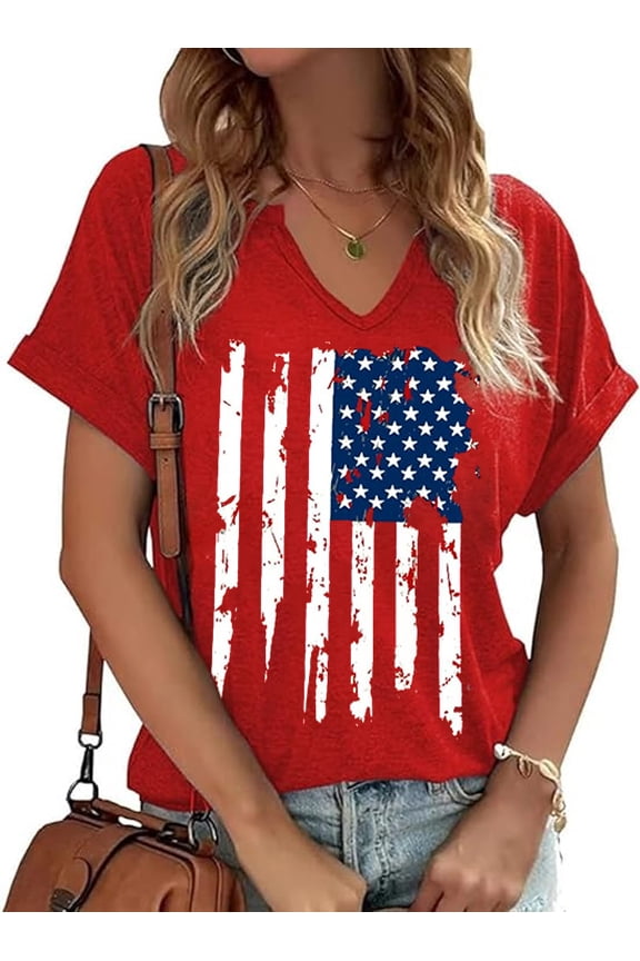 American Flag Shirts for Women Fourth of July T-Shirts USA Flag Shirt Patriotic Graphic V-Neck Tee Tops(L,4 Red)