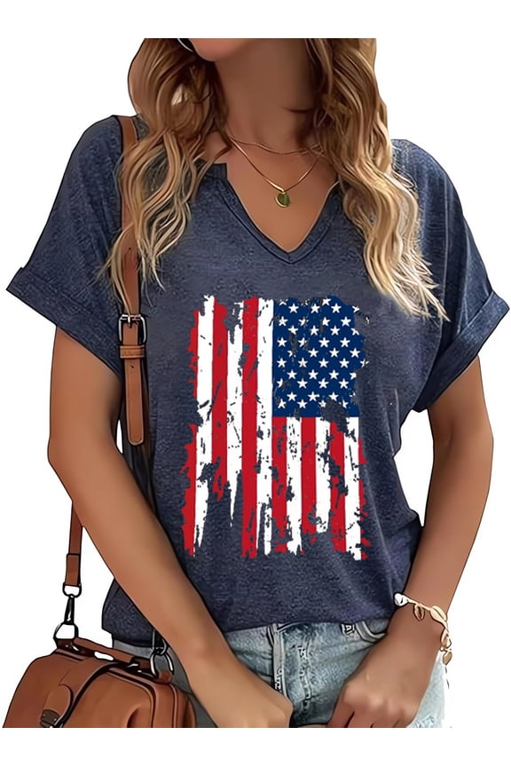 American Flag Shirts for Women Fourth of July T-Shirts USA Flag Shirt Patriotic Graphic V-Neck Tee Tops(XL,5 Navy Blue)