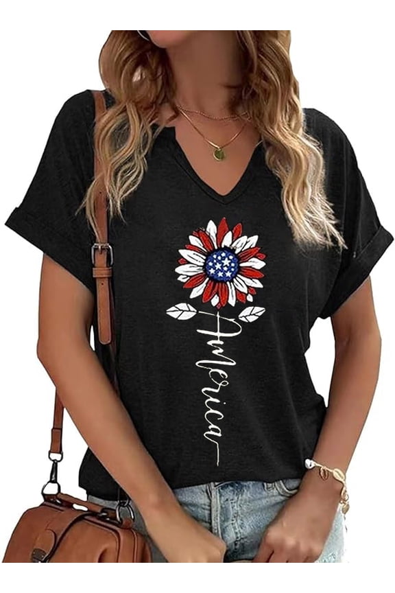 American Flag Sunflower Shirts for Women Fourth of July T-Shirts USA Flag Shirt Patriotic Graphic V-Neck Tee Tops(L,10 Black)