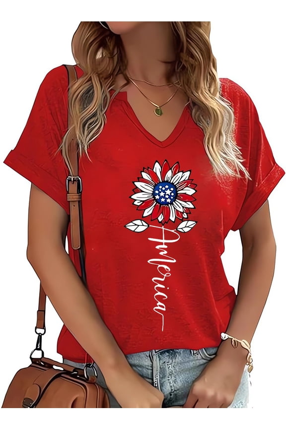 American Flag Sunflower Shirts for Women Fourth of July T-Shirts USA Flag Shirt Patriotic Graphic V-Neck Tee Tops(XXL,7 Red)