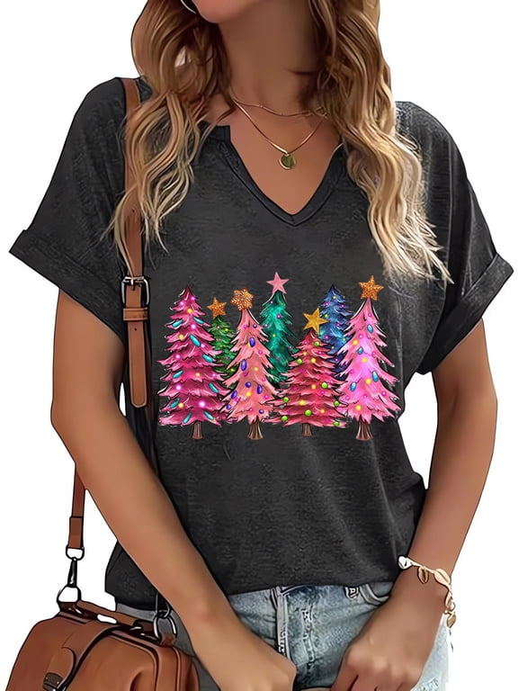 Christmas Shirts for Women Cute Christmas Tree Graphic V-Neck Shirts Funny Xmas Holiday Tee Tops(XL,2 Dark Grey)