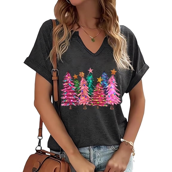 PUCKOLITY Christmas Shirts for Women Cute Christmas Tree Graphic V-Neck Shirts Funny Xmas Holiday Tee Tops(XXL,2 Dark Grey)