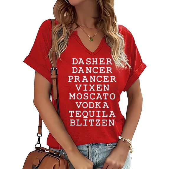 PUCKOLITY Christmas Shirts for Women Cute Letters Graphic V-Neck Shirts Funny Xmas Holiday Tee Tops(L,1 Red)