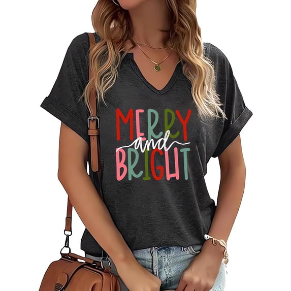 PUCKOLITY Christmas Shirts for Women Cute Merry and Bright Graphic V-Neck Shirts Funny Xmas Holiday Tee Tops(S,1 Dark Grey)