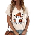 thumbnail image 1 of PUCKOLITY Halloween Fall V Neck Shirts for Women Funny Ghost Pumpkin Graphic Tee Tops(M,5 Apricot), 1 of 1