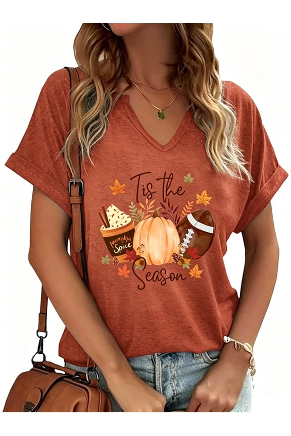 Halloween Fall V Neck Shirts for Women Funny Football Pumpkin Graphic Tee Tops(M,5 Brown)