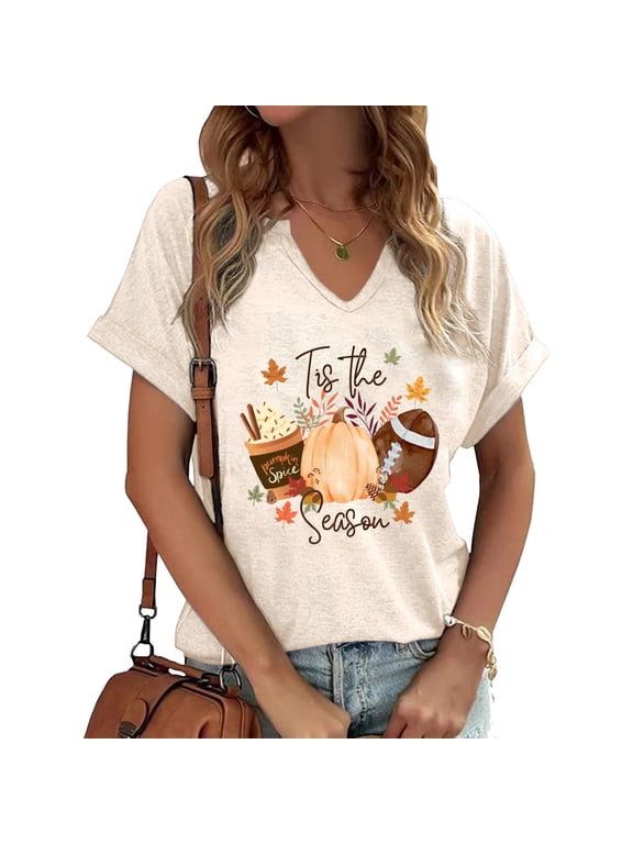 Halloween Fall V Neck Shirts for Women Funny Football Pumpkin Graphic Tee Tops(XL,4 Apricot)