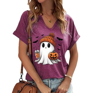 PUCKOLITY Halloween Fall V Neck Shirts for Women Funny Ghost Pumpkin Graphic Tee Tops(M,1 Fushcia)