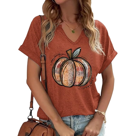 PUCKOLITY Halloween Fall V Neck Shirts for Women Funny Pumpkin Graphic Tee Tops(L,4 Brown)
