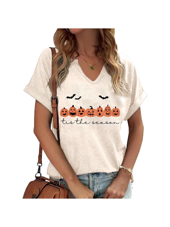 Halloween Fall V Neck Shirts for Women Funny Pumpkin Graphic Tee Tops(S,6 Apricot)