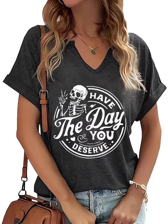 Halloween Fall V Neck Shirts for Women Funny Skull Graphic Tee Tops(XXL,8 Dark Grey)