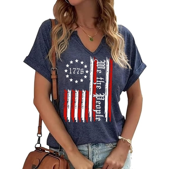 PUCKOLITY We The People 1776 Shirts for Women Fourth of July T-Shirts USA Flag Shirt Patriotic Graphic V-Neck Tee Tops(M,1 Navy Blue)