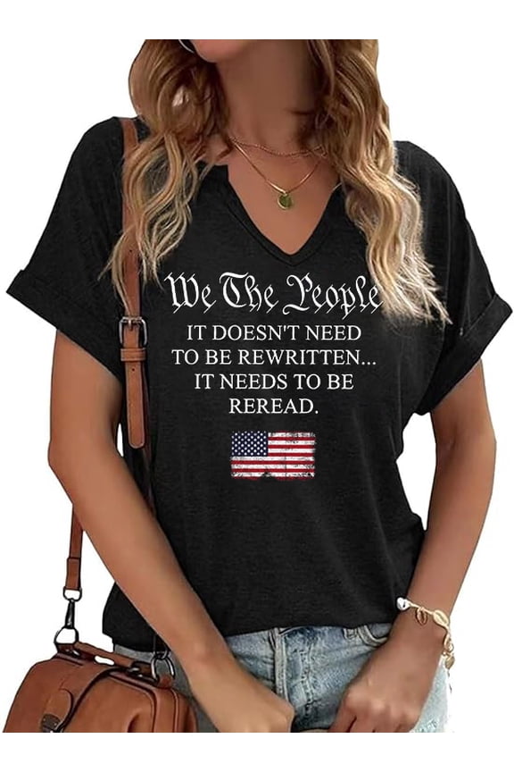 We The People Shirts for Women Fourth of July T-Shirts USA Flag Shirt Patriotic Graphic V-Neck Tee Tops(XL,7 Black)