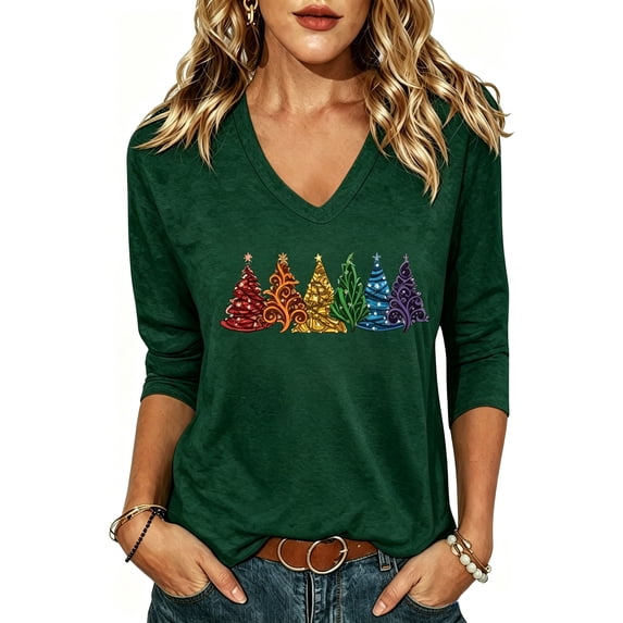 PUCKOLITY Women Christmas Shirt Funny Xmas Tree Graphic Tee(XL,2 Green)