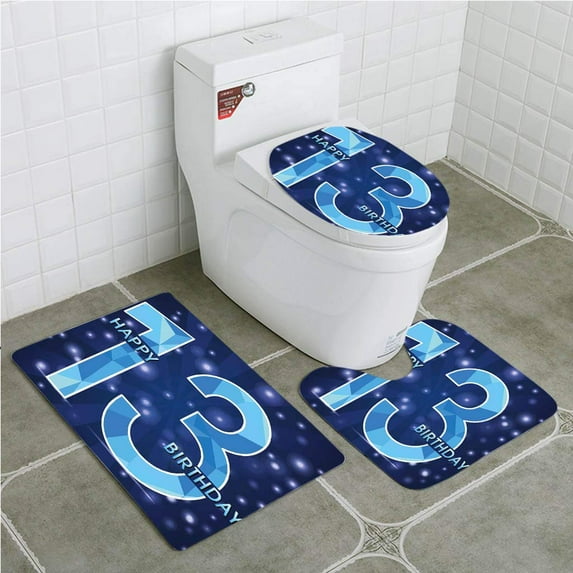 PUDMAD 13th Birthday Thirteen Polygon Emblem on Dark Blue Backdrop and Stars 3 Piece Bathroom Rugs Set Bath Rug Contour Mat and Toilet Lid Cover