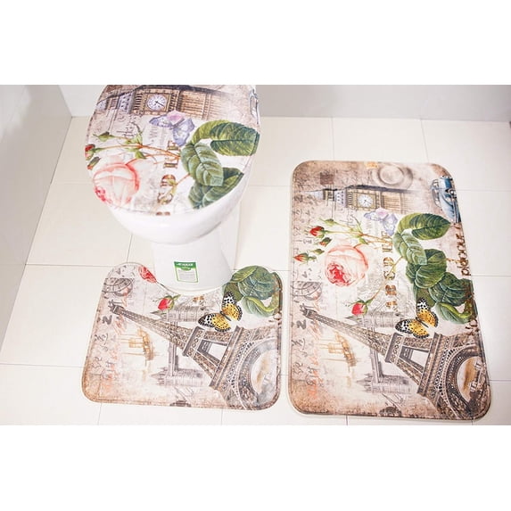 PUDMAD 3 Piece Bathroom Rugs Set Bath Rug Contour Mat and Toilet Lid Cover