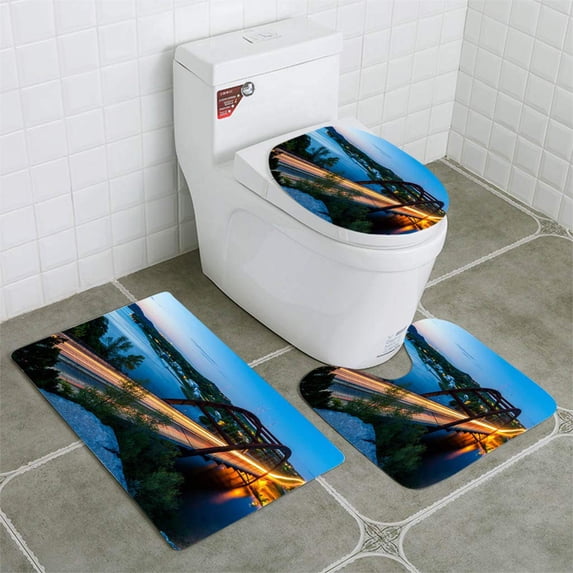 PUDMAD 360 Bridge or Pennybacker Bridge Before Dawn Austin Texas Cityscape 3 Piece Bathroom Rugs Set Bath Rug Contour Mat and Toilet Lid Cover